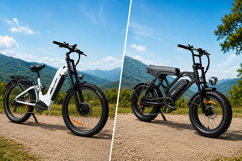 Matte vs. Glossy E-Bike Finishes A side-by-side comparison of a matte black and a glossy white electric bike frame.