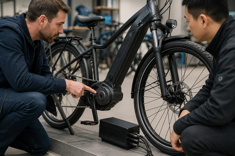 Overlooking the E-Bike Controller A buyer pointing at a motor on an e-bike, ignoring the controller