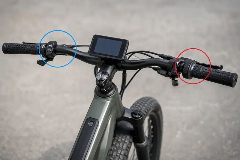 Pedal-Assist vs. Throttle E-Bike An e-bike showing both pedal-assist and throttle controls