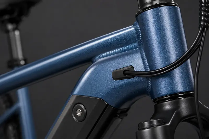 A close-up of a durable powder-coated e-bike frame