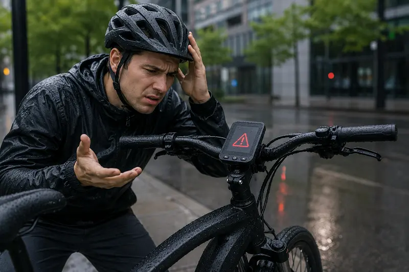 E-bike display showing an error code, with a technician looking at it.