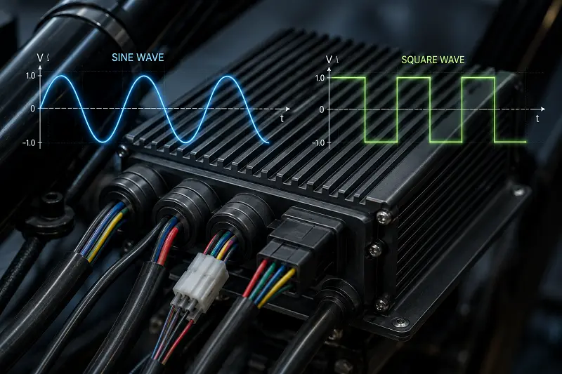 Sine Wave vs Square Wave E-Bike Controllers A close-up of an e-bike controller with sine and square waveforms overlaid.