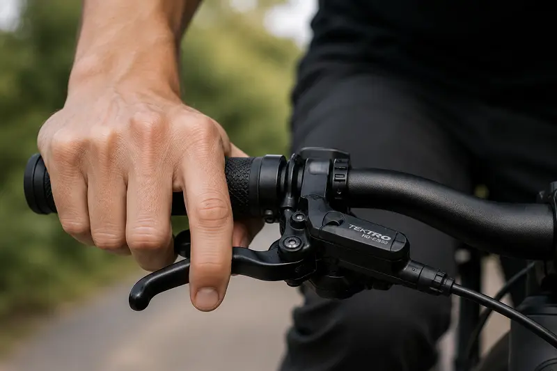 Smooth Feel of Hydraulic E-Bike Brakes Rider's hand squeezing a hydraulic brake lever on an e-bike