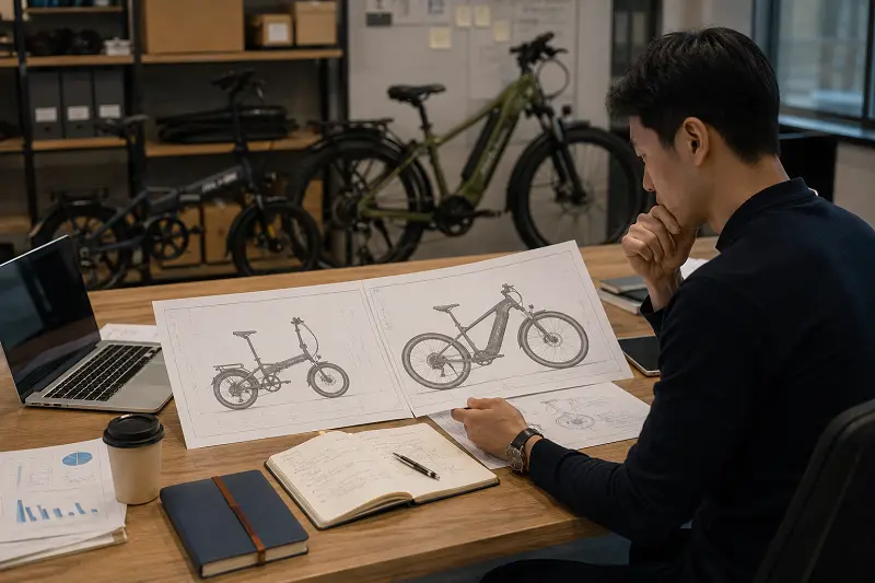 Strategic OEM/ODM e-bike product planning A business owner looking at blueprints for a 20-inch and a 26-inch e-bike, deciding on their market strategy.