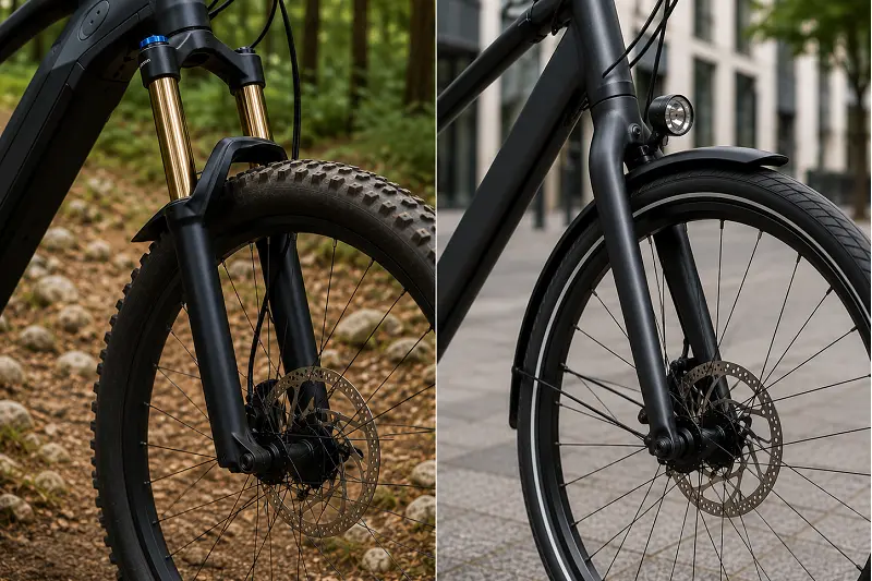 Suspension Fork vs. Rigid Fork for E-Bikes A suspension fork on a mountain e-bike next to a rigid fork on a city e-bike.