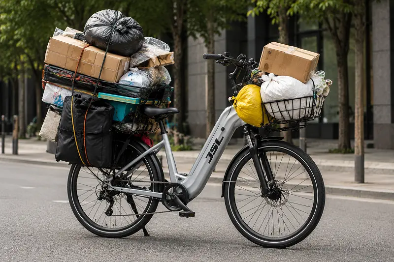 An e-bike overloaded with both front and rear cargo, looking unbalanced
