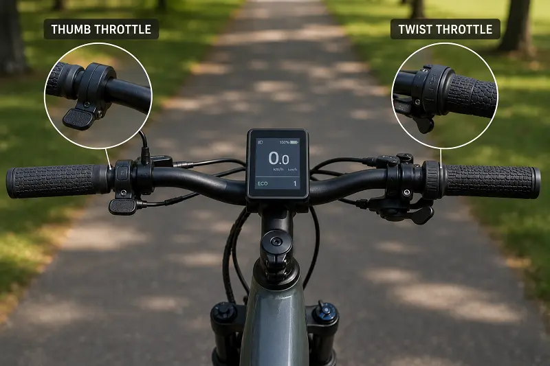An e-bike handlebar showing both a thumb throttle and a twist throttle for comparison