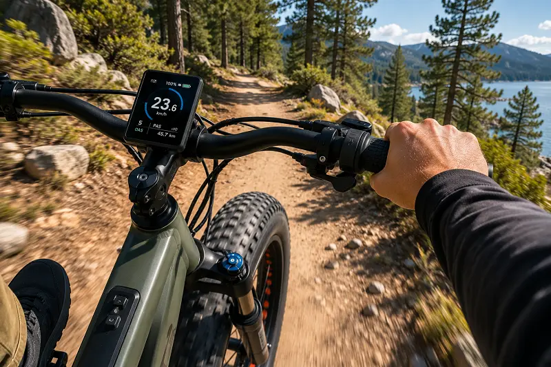 A rider using a twist throttle on a fat tire e-bike on a trail