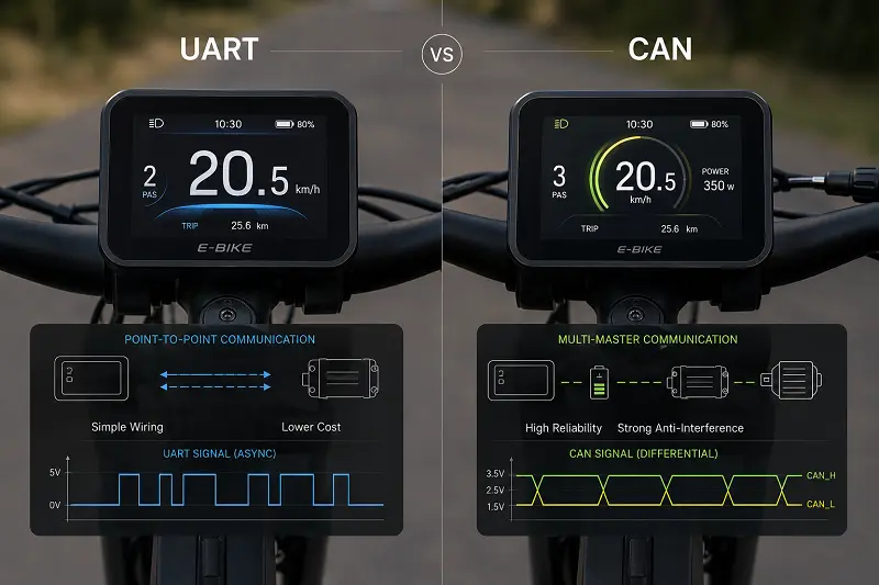 UART vs CAN communication protocols on an e-bike dashboard