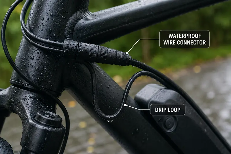 An e-bike's waterproof wire connector and a drip loop in the cable.