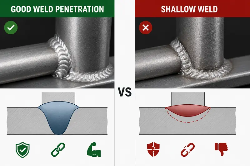 Weld Penetration Diagram A diagram showing the difference between good weld penetration and a shallow weld