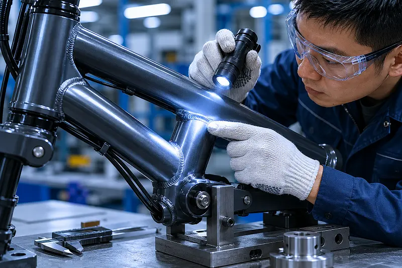 E-Bike Frame Quality Control A quality control engineer inspecting an e-bike frame weld