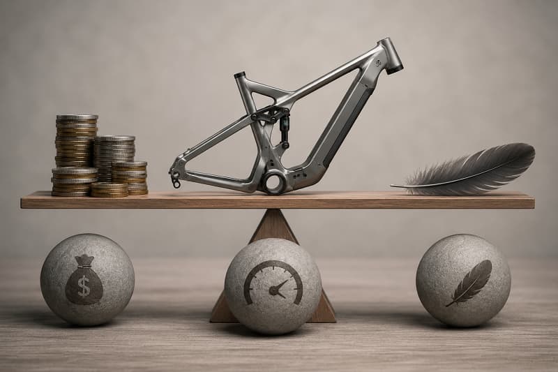 Balancing OEM E-Bike Frame Design A diagram showing the balance between cost, weight, and performance