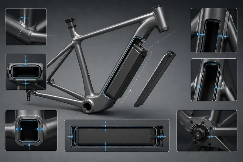 E-Bike Battery Tube Tolerance Control A diagram showing the precise tolerances required for an integrated battery compartment