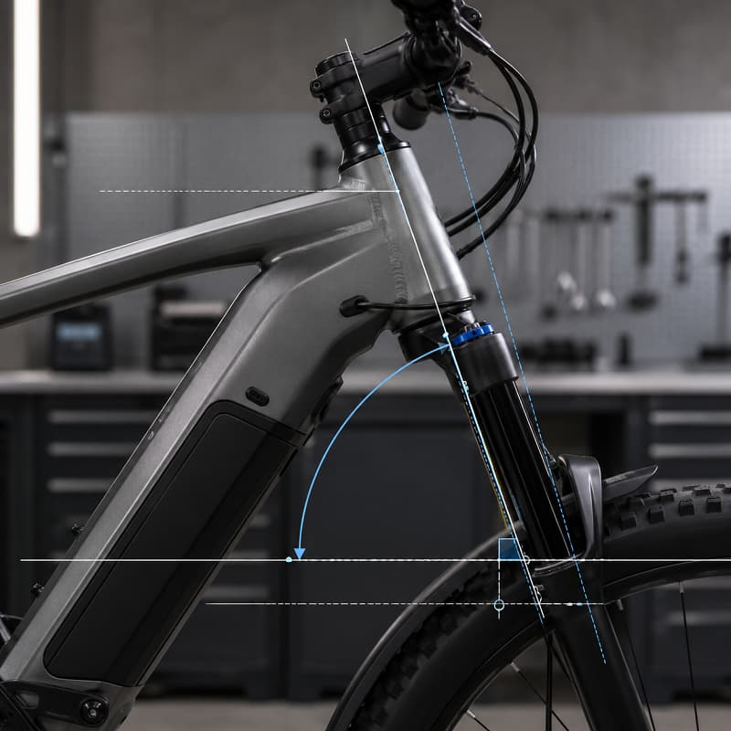 Close-up on the head tube angle of an e-bike