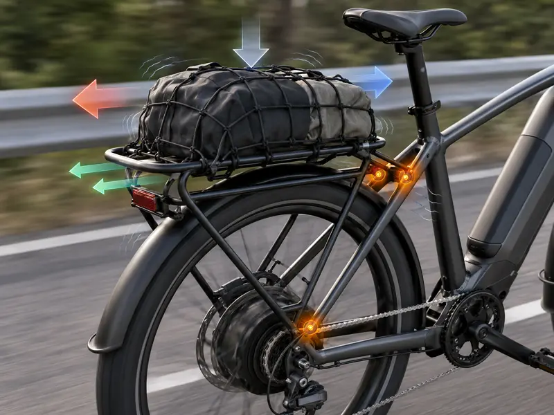 E-Bike Rack Dynamic Load Safety A diagram showing the dynamic forces acting on an e-bike rear rack while riding.