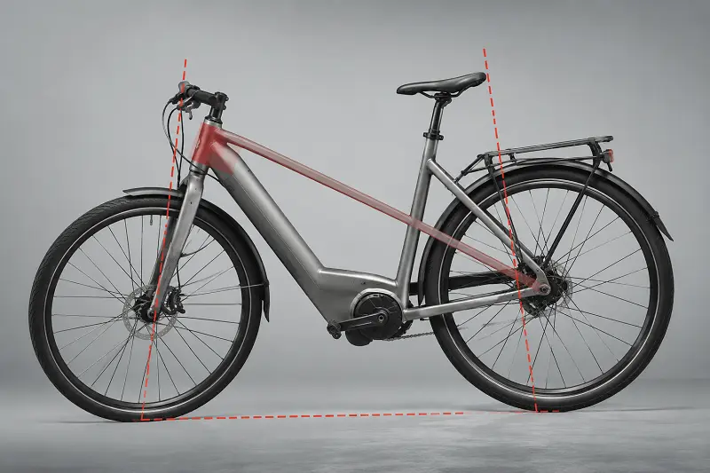 A diagram showing a misaligned bike frame with wheels not in the same plane.