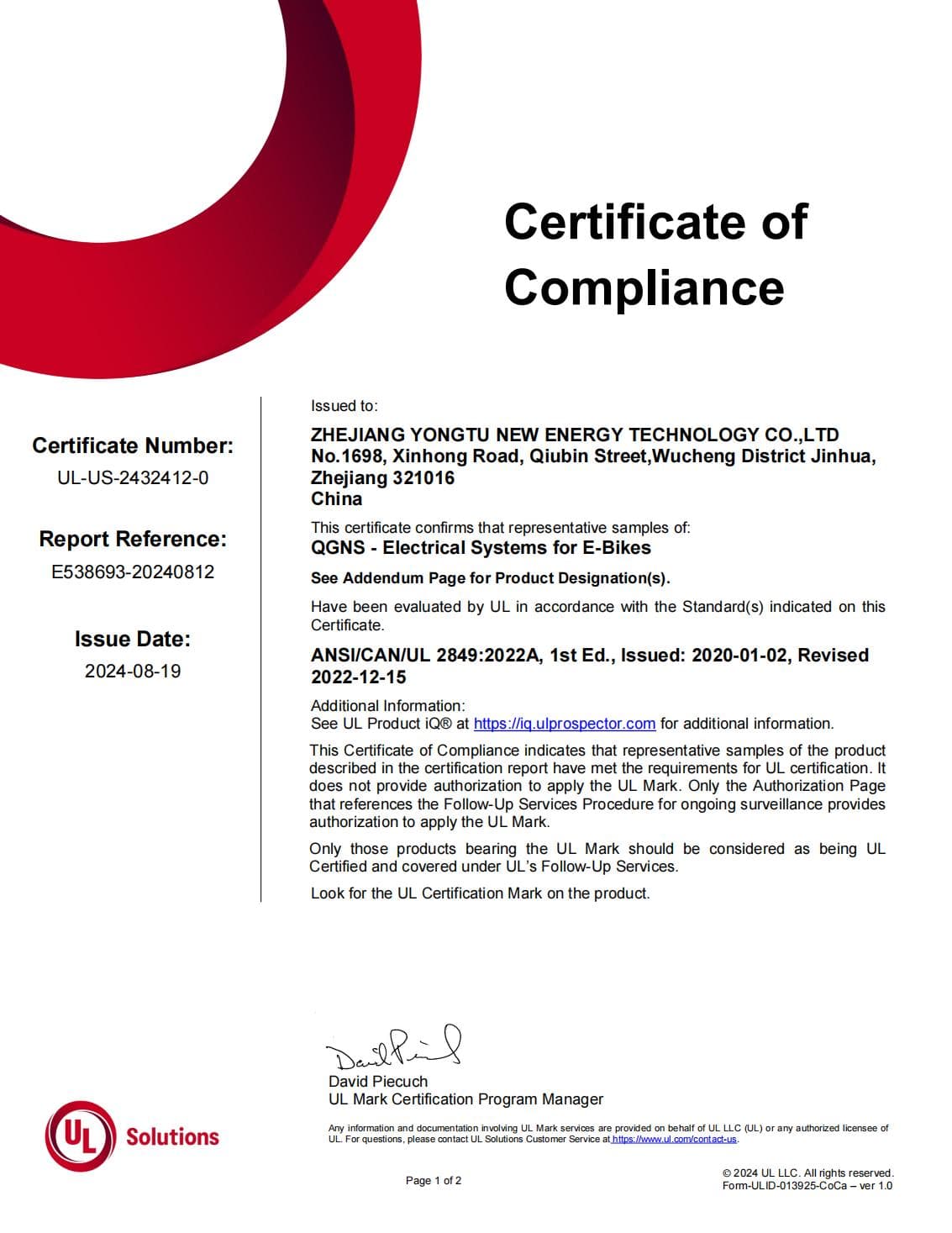 UL electrical safety certification support for a cargo e-bike project