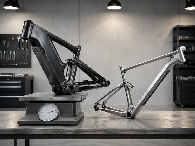 Weight vs. Strength in E-Bike Frames A heavy, bulky e-bike frame on a scale next to a lighter, engineered frame