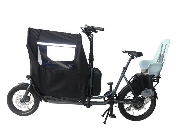 A family-friendly e-bike with a child seat installed safely on the rear rack