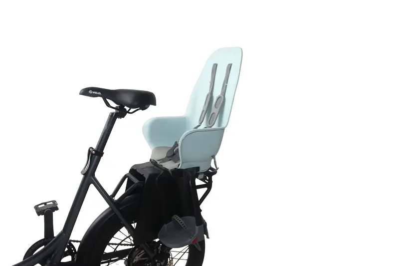 Close-up of a reinforced rear rack on an e-bike designed for carrying children